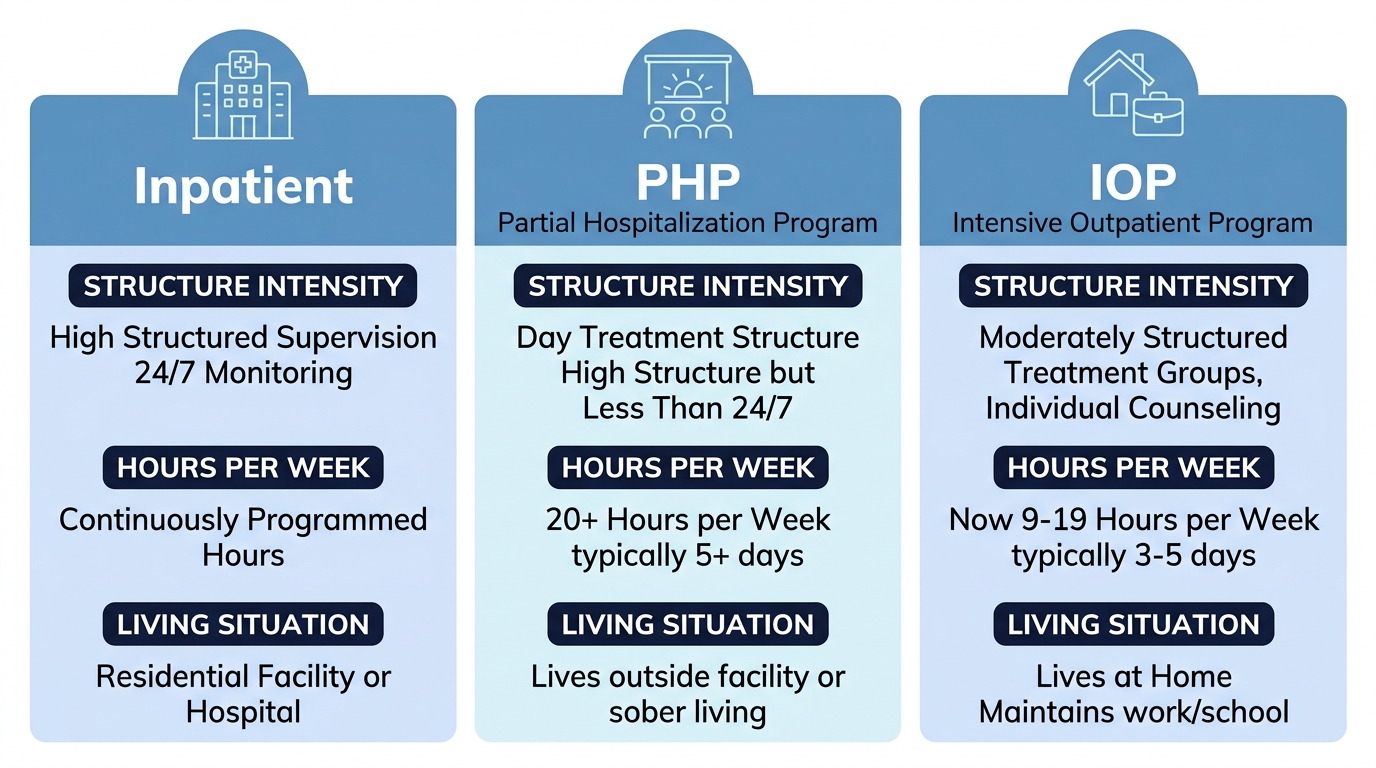 Infographic comparing three levels of addiction care: Inpatient, Partial Hospitalization Program (PHP), and Intensive Outpatient Program (IOP) with icons and key features.
