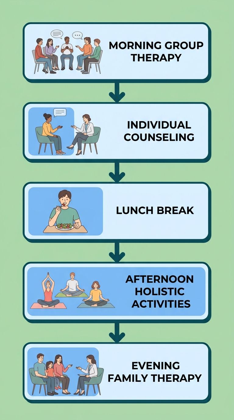 Vertical process flow diagram of a typical day in an Intensive Outpatient Program at Arrive Recovery Center in Thousand Oaks, California