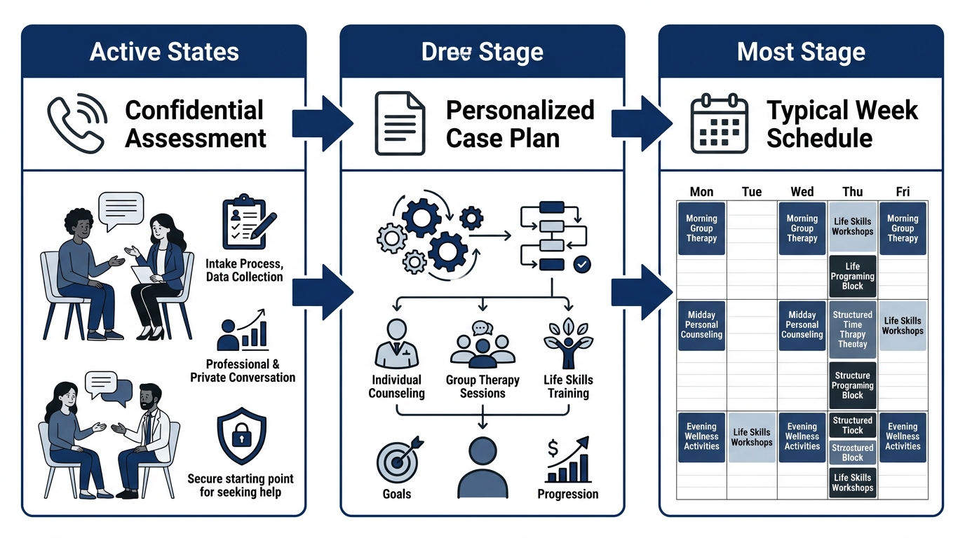 Three-step horizontal process flow showing assessment, case plan, and schedule.
