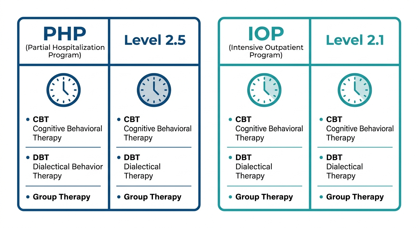 Infographic comparing Partial Hospitalization Program and Intensive Outpatient Program showing time commitments and therapy types.