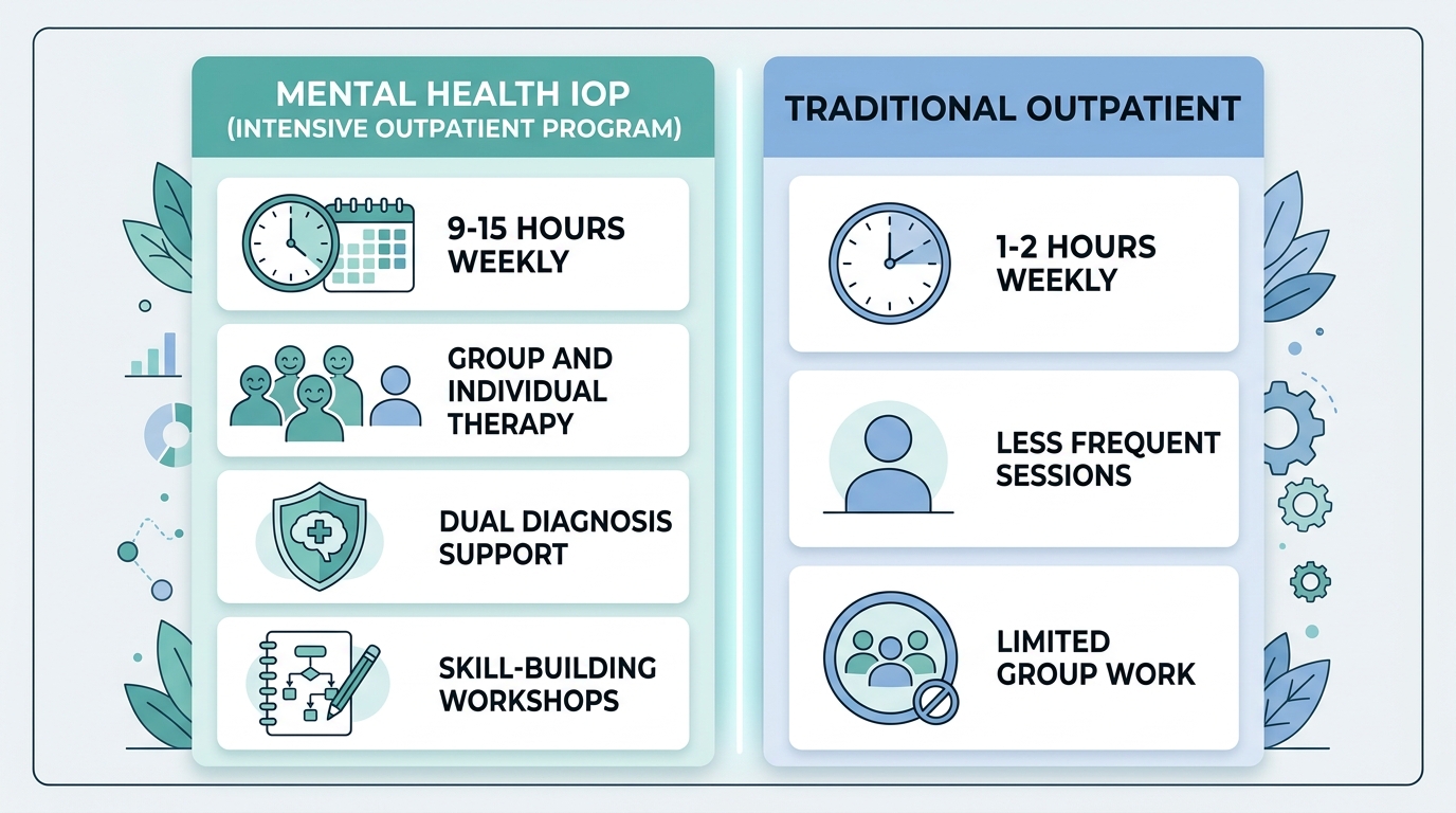 Comparison infographic showing Mental Health IOP versus traditional outpatient therapy with features listed in two columns