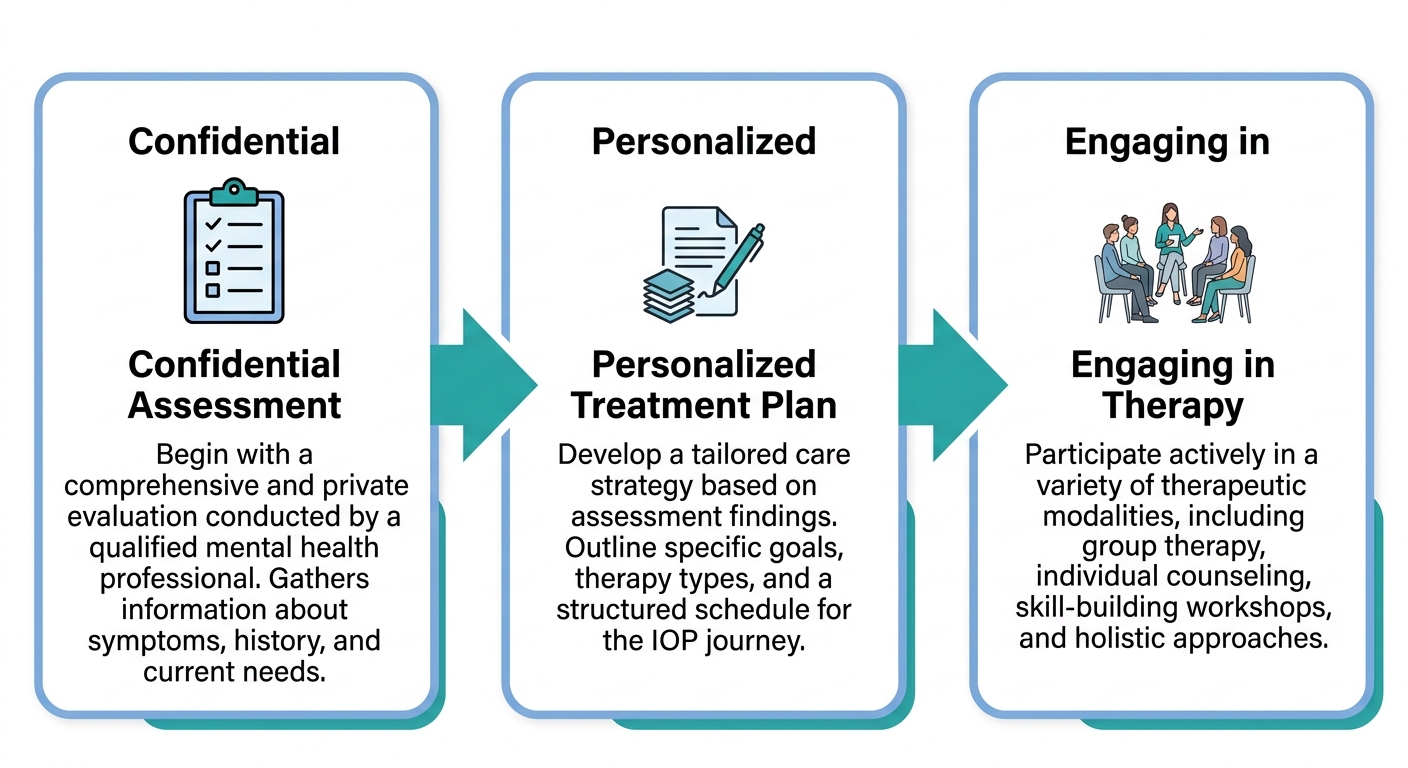 Horizontal process flow showing three steps of the mental health intensive outpatient program at Arrive Recovery Center: confidential assessment, personalized treatment plan, and engaging in therapy.