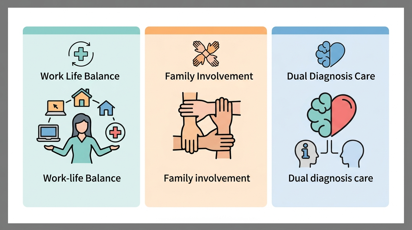 Three-panel infographic showing flexibility, family involvement, and dual diagnosis care benefits of personalized outpatient alcohol rehab in Thousand Oaks