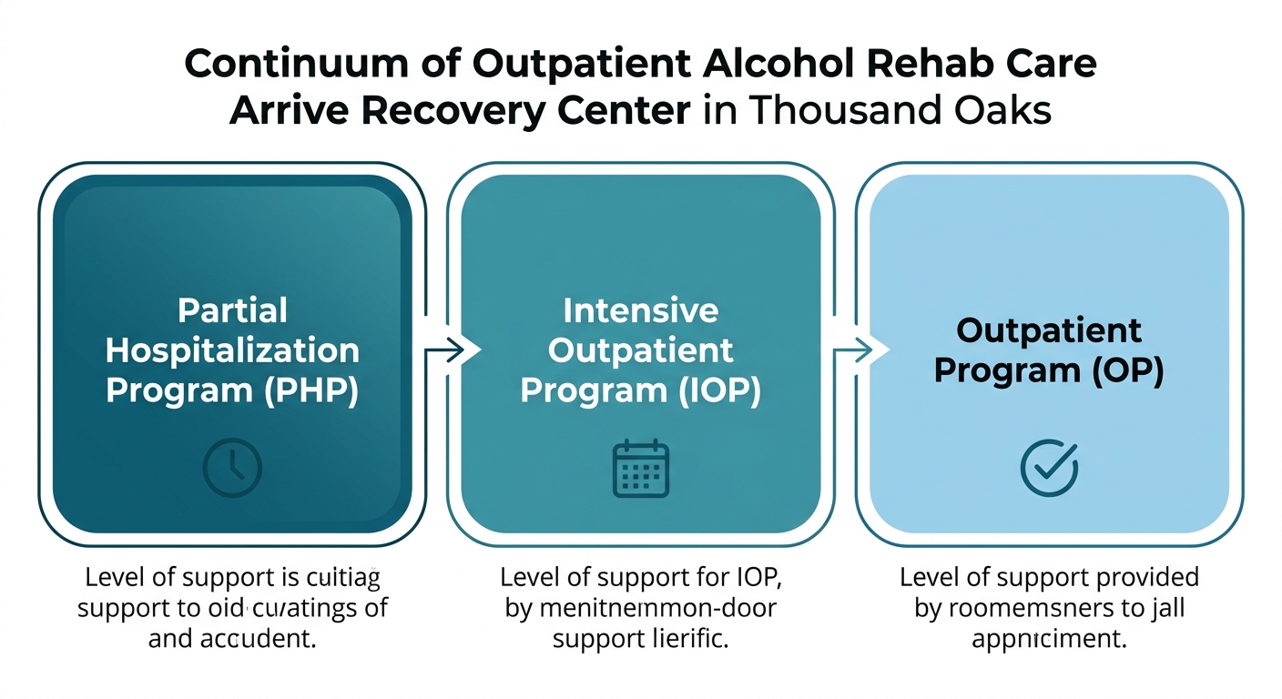 Horizontal process flow showing three levels of outpatient alcohol rehab: Partial Hospitalization Program (PHP) on left, Intensive Outpatient Program (IOP) in center, Outpatient Program (OP) on right, with icons and arrows indicating progression.