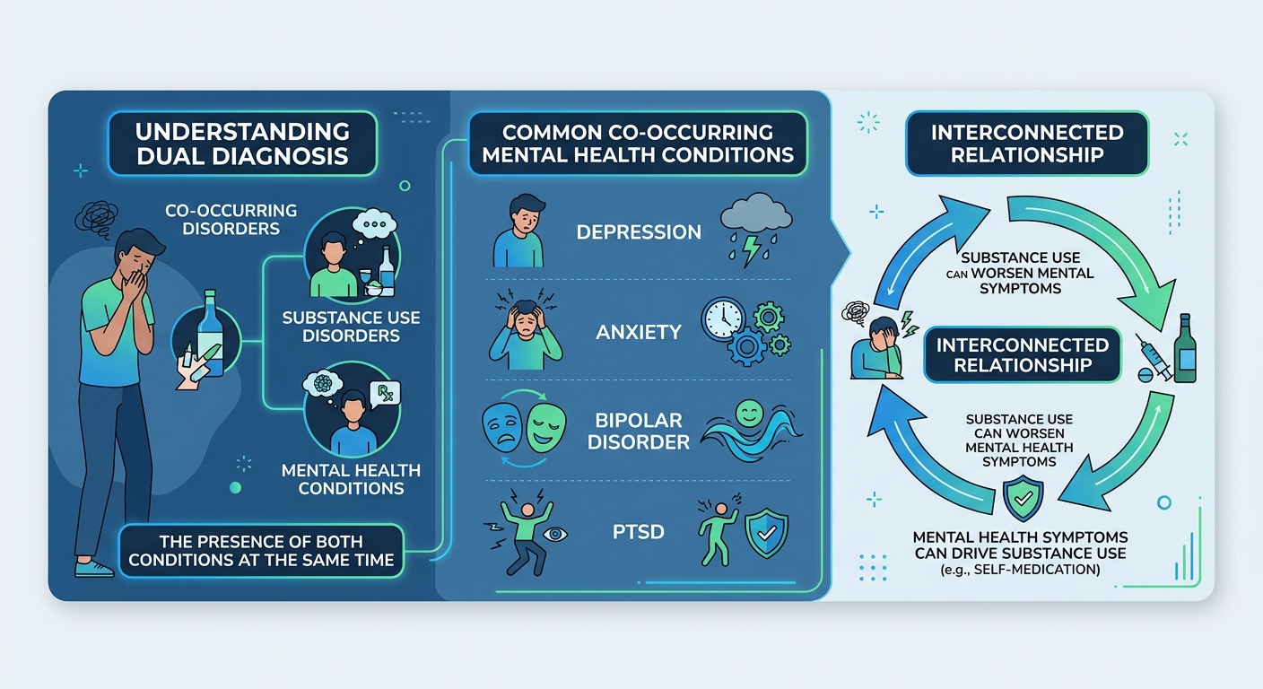 Infographic explaining dual diagnosis with three panels showing co-occurring substance use and mental health disorders, common conditions, and bidirectional relationship arrows