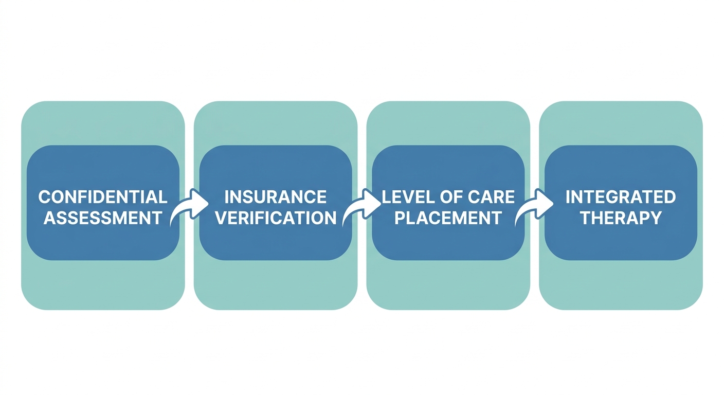 Four-step dual diagnosis treatment process at Arrive Recovery Center: confidential assessment, insurance verification, level of care placement, and integrated therapy.