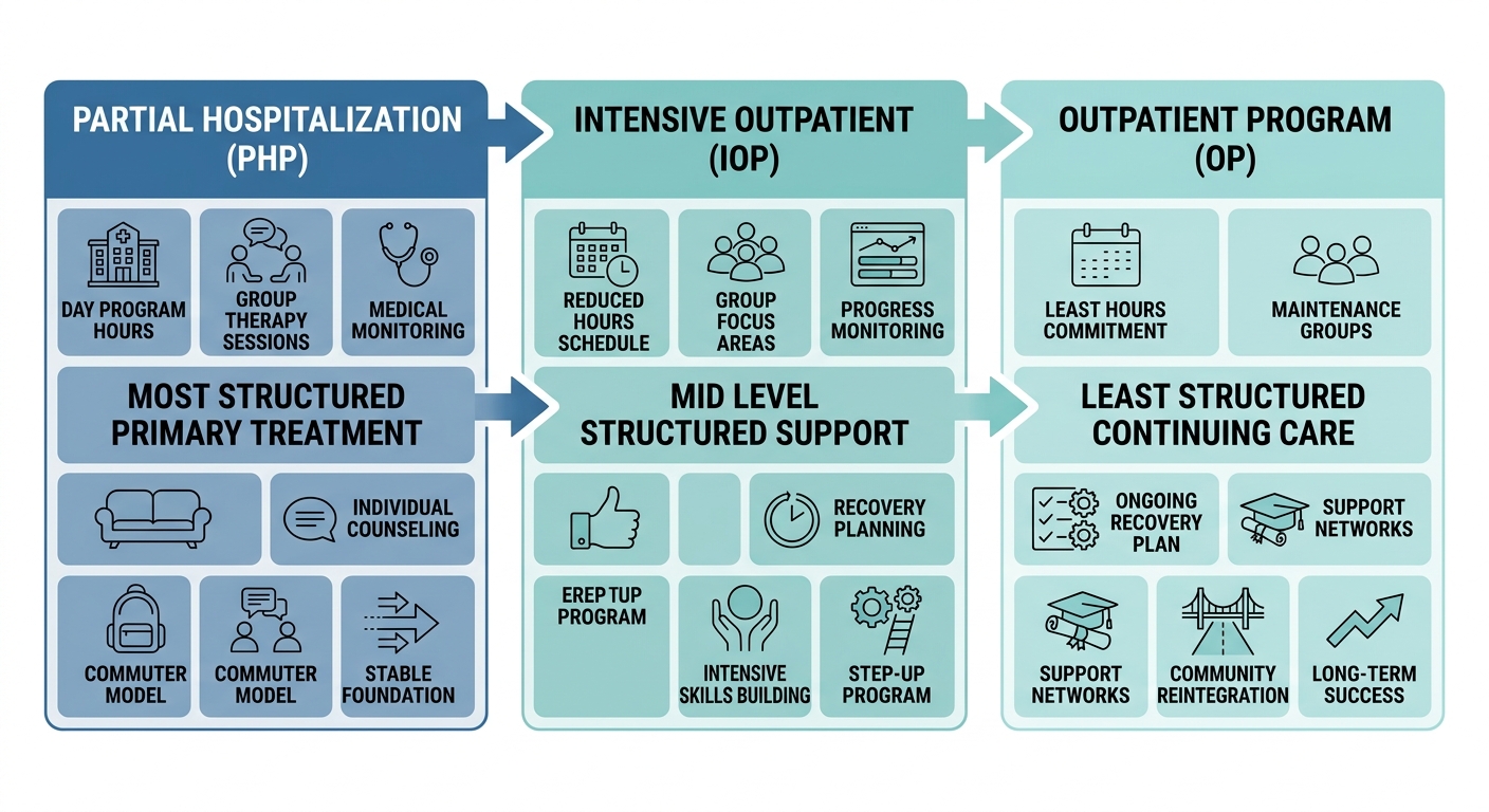Horizontal comparison of three outpatient addiction treatment levels: Partial Hospitalization Program, Intensive Outpatient Program, and Outpatient Program from most to least structured