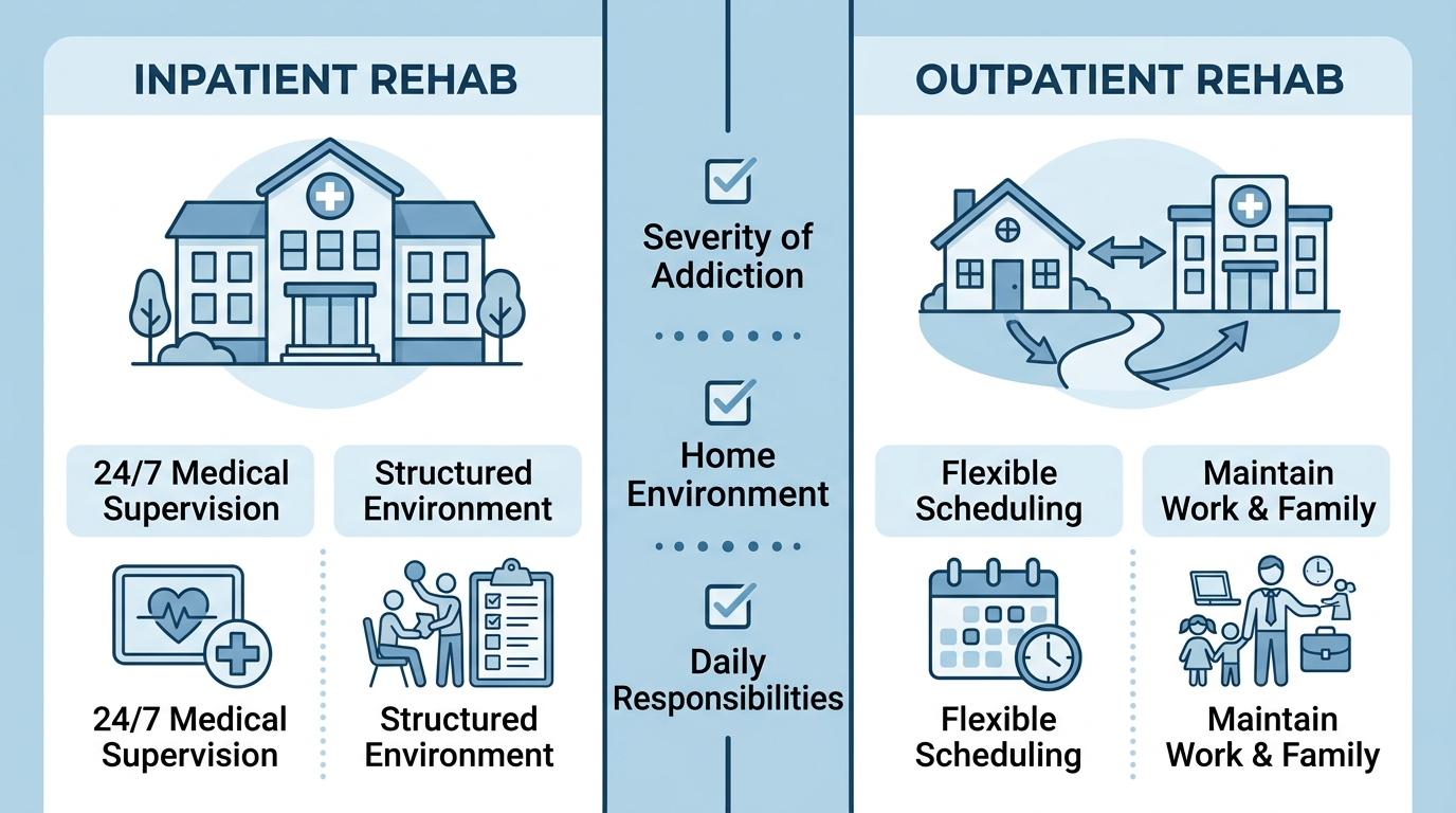 Comparison infographic contrasting Inpatient Rehab and Outpatient Rehab with key factors for choosing the right drug rehab program