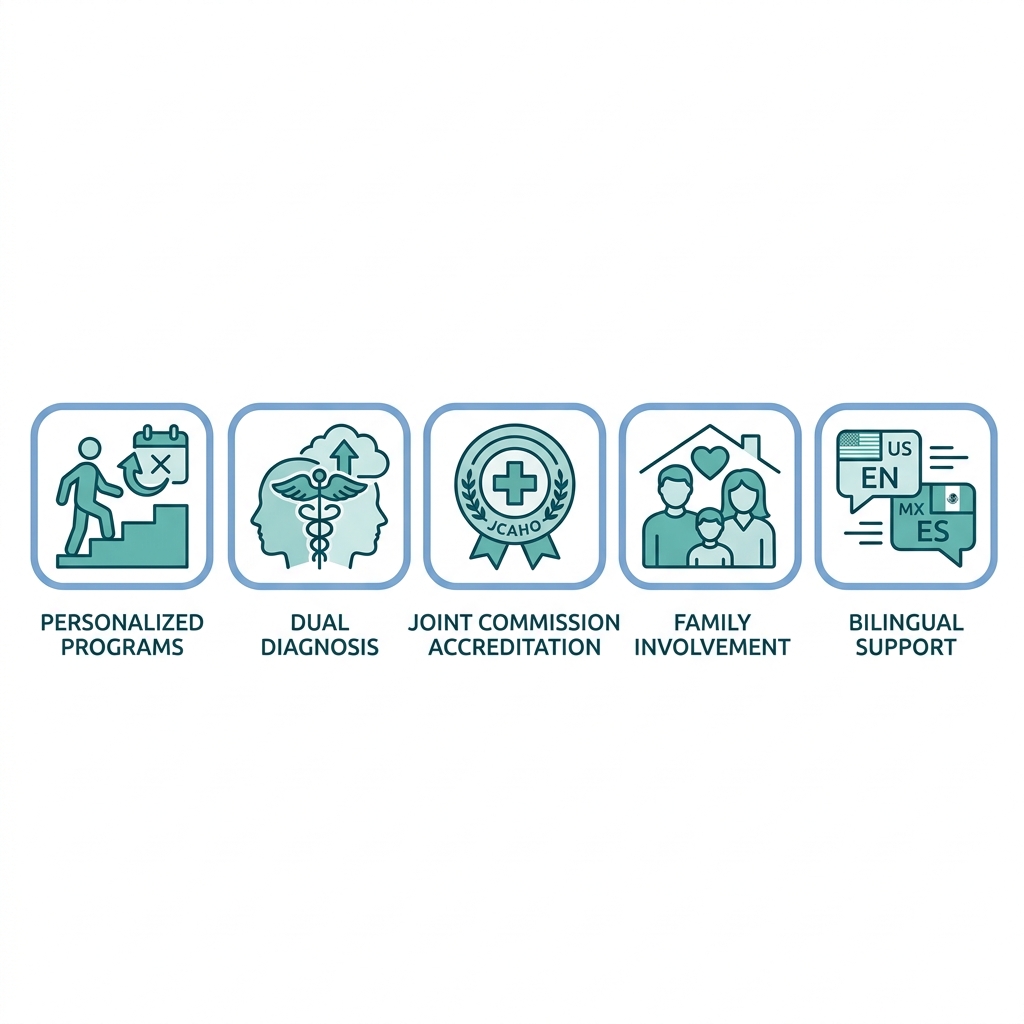 Five icons representing outpatient recovery pillars: personalized programs, dual diagnosis expertise, Joint Commission accreditation, family involvement, and bilingual support.