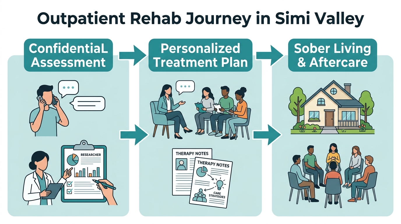 Three-step horizontal process flow showing outpatient rehab stages: confidential assessment, personalized treatment plan, and sober living with aftercare. Teal and blue-green color scheme with clean icons.