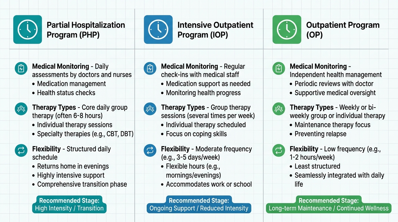 Three-column comparison of Partial Hospitalization Program, Intensive Outpatient Program, and Outpatient Program at Arrive Recovery Center
