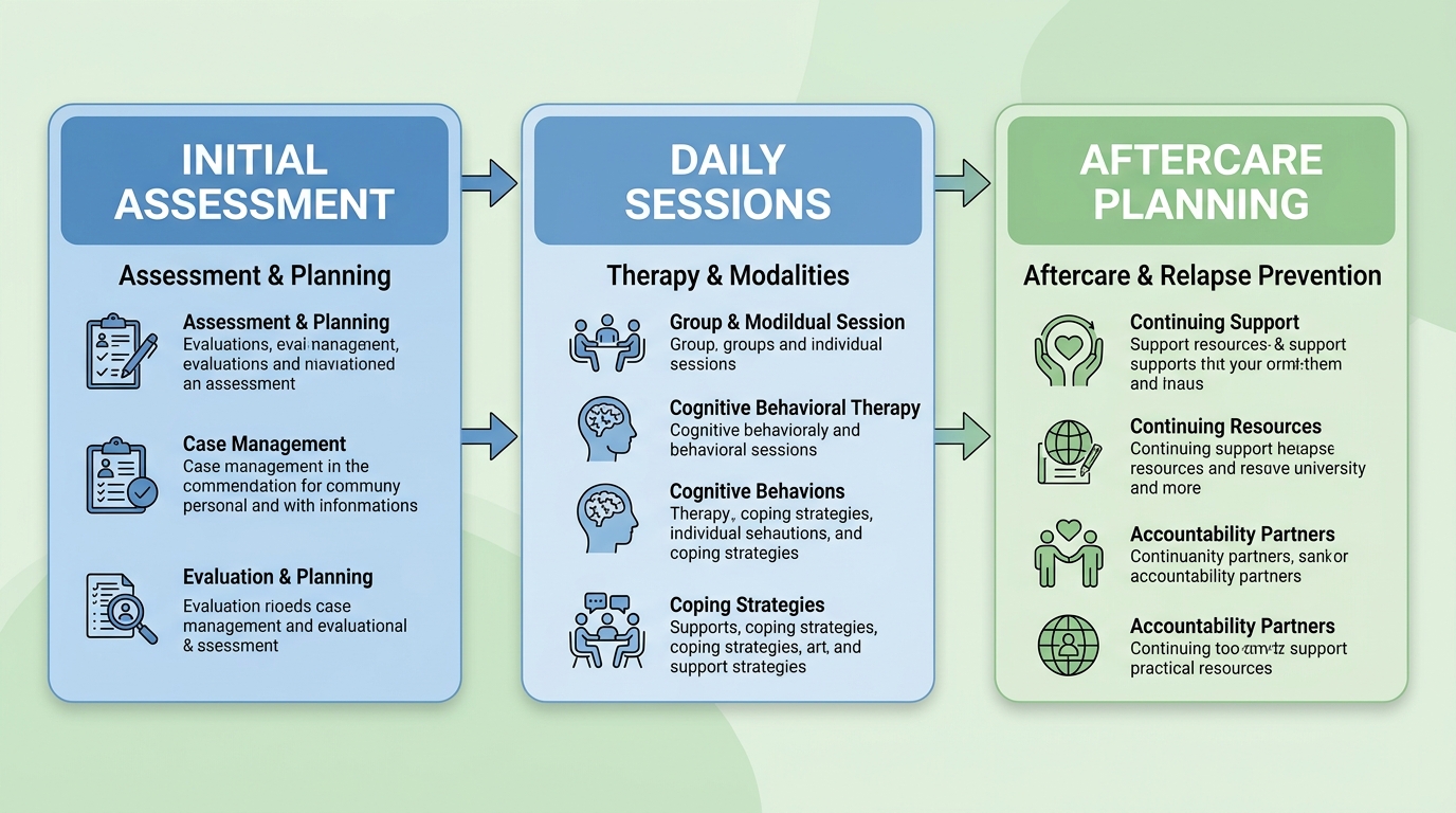 Horizontal process flow diagram showing three connected stages of the IOP journey: Initial Assessment & Treatment Planning, Daily Therapy Sessions & Modalities, and Aftercare & Relapse Prevention.