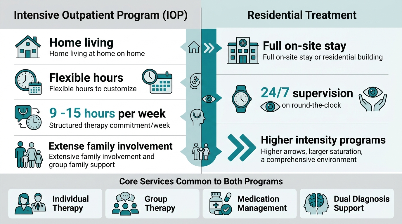 Infographic comparing IOP and residential addiction treatment with side-by-side features and core services bar
