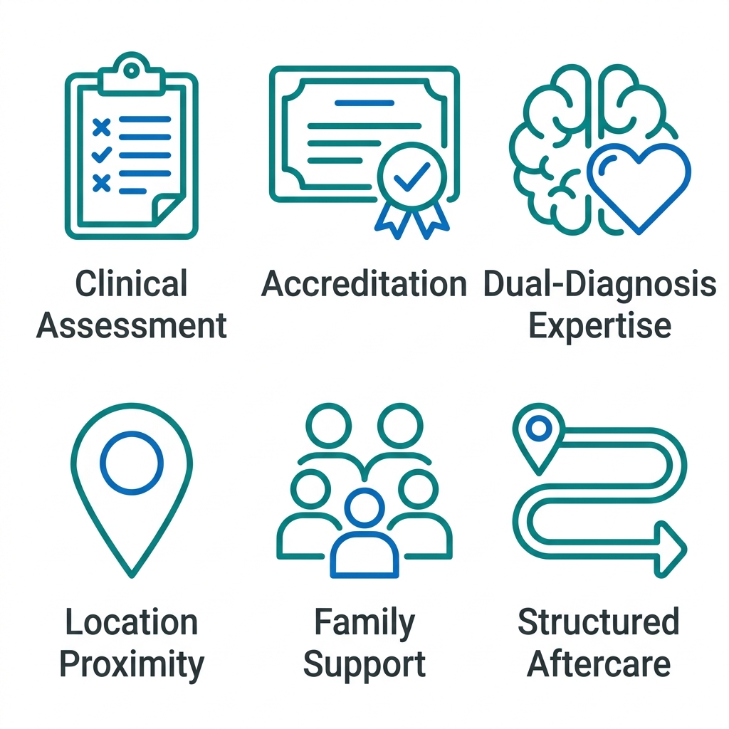Icon set for choosing outpatient rehab in Calabasas: clinical assessment, accreditation, dual-diagnosis expertise, location proximity, family support, structured aftercare.