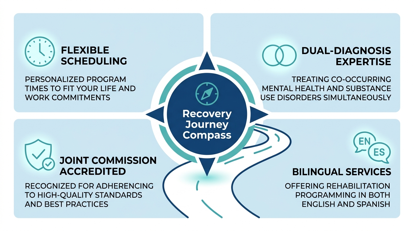Infographic summarizing four key pillars of outpatient rehab at Arrive Recovery Center in Camarillo: flexible scheduling, dual-diagnosis expertise, Joint Commission accreditation, and bilingual services.