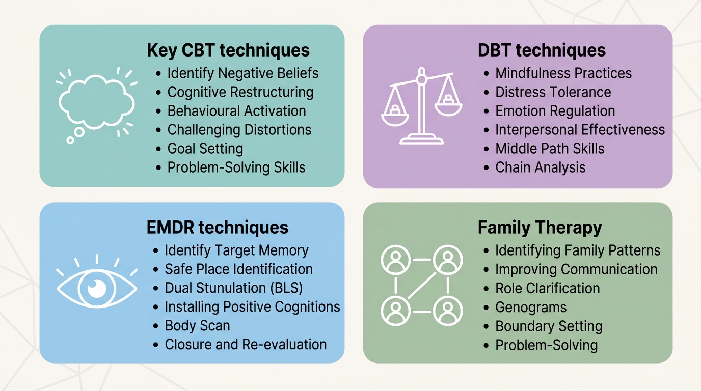 Infographic showing four therapy cards: CBT, DBT, EMDR, and Family Therapy with icons and bullet points