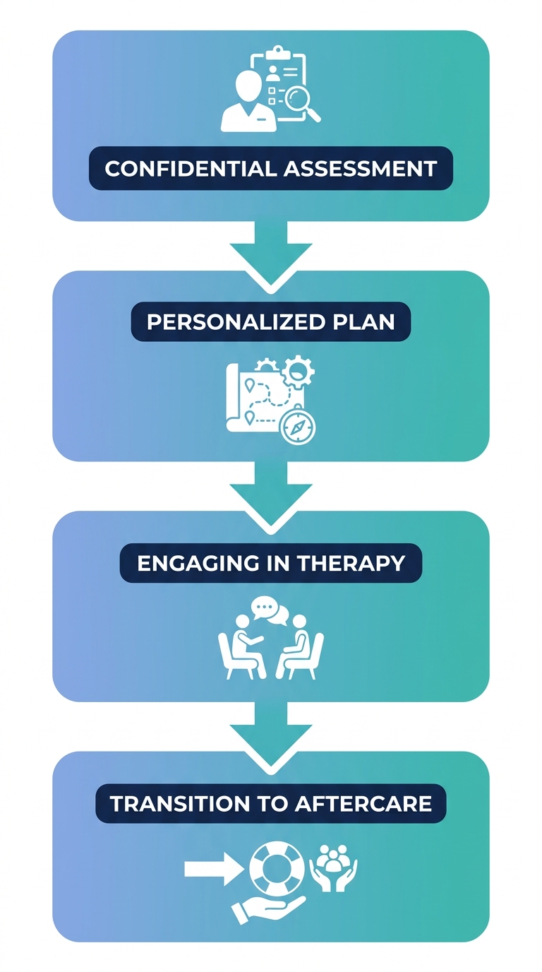 Vertical process flow showing four stages of IOP: Confidential Assessment, Personalized Treatment Plan, Engaging in Therapy, and Transition to Aftercare.