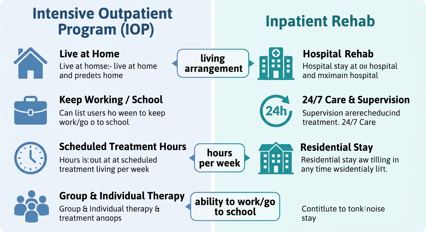 Comparison infographic showing Intensive Outpatient Program versus Inpatient Rehab with icons for home, briefcase, clock, group therapy, hospital, 24-hour care, and residential living