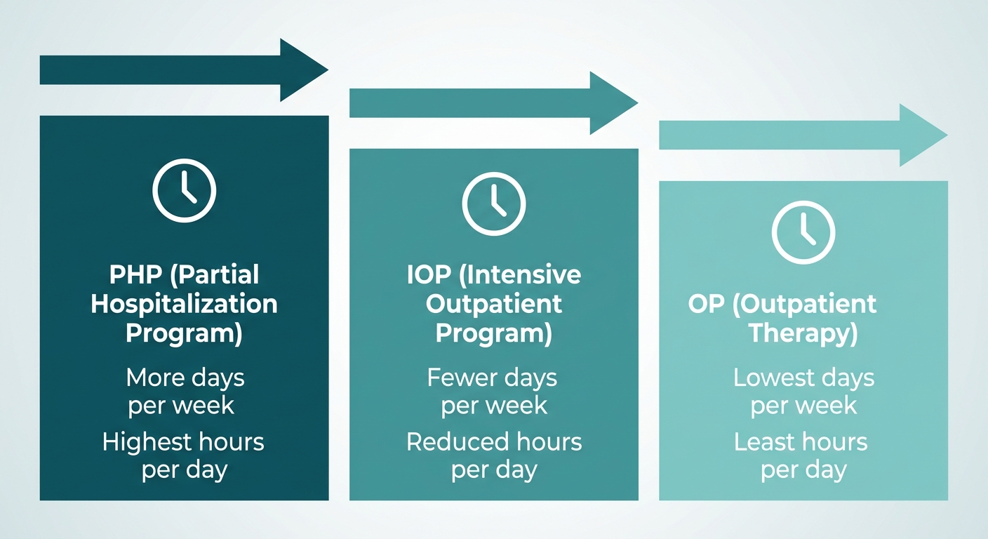 Three levels of outpatient care: Partial Hospitalization Program, Intensive Outpatient Program, and Standard Outpatient, shown as a step-down progression with clock icons and labels.