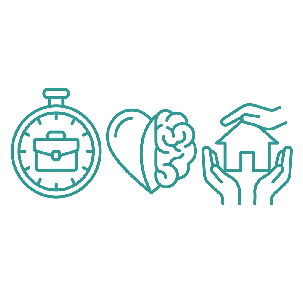 A set of three clean outline icons on a white background: a clock and briefcase, an overlapping brain and heart, and two hands holding a house shape