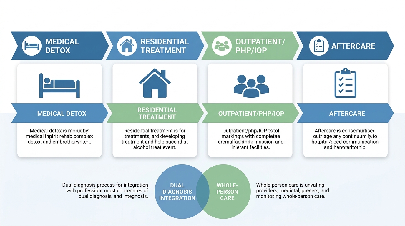 Continuum of care for alcohol rehab with four labeled stages: Medical Detox, Residential Treatment, Outpatient/PHP/IOP, and Aftercare, with dual diagnosis integration shown as overlapping circles.