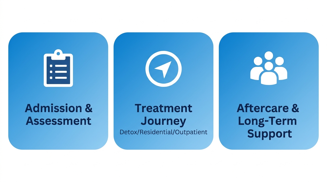 Horizontal process-flow diagram with three interconnected stages showing the alcohol rehab journey from admission and assessment through treatment to aftercare and long-term support, with gradient blue fills, white icons, and dark blue labels on a clean medical style background.