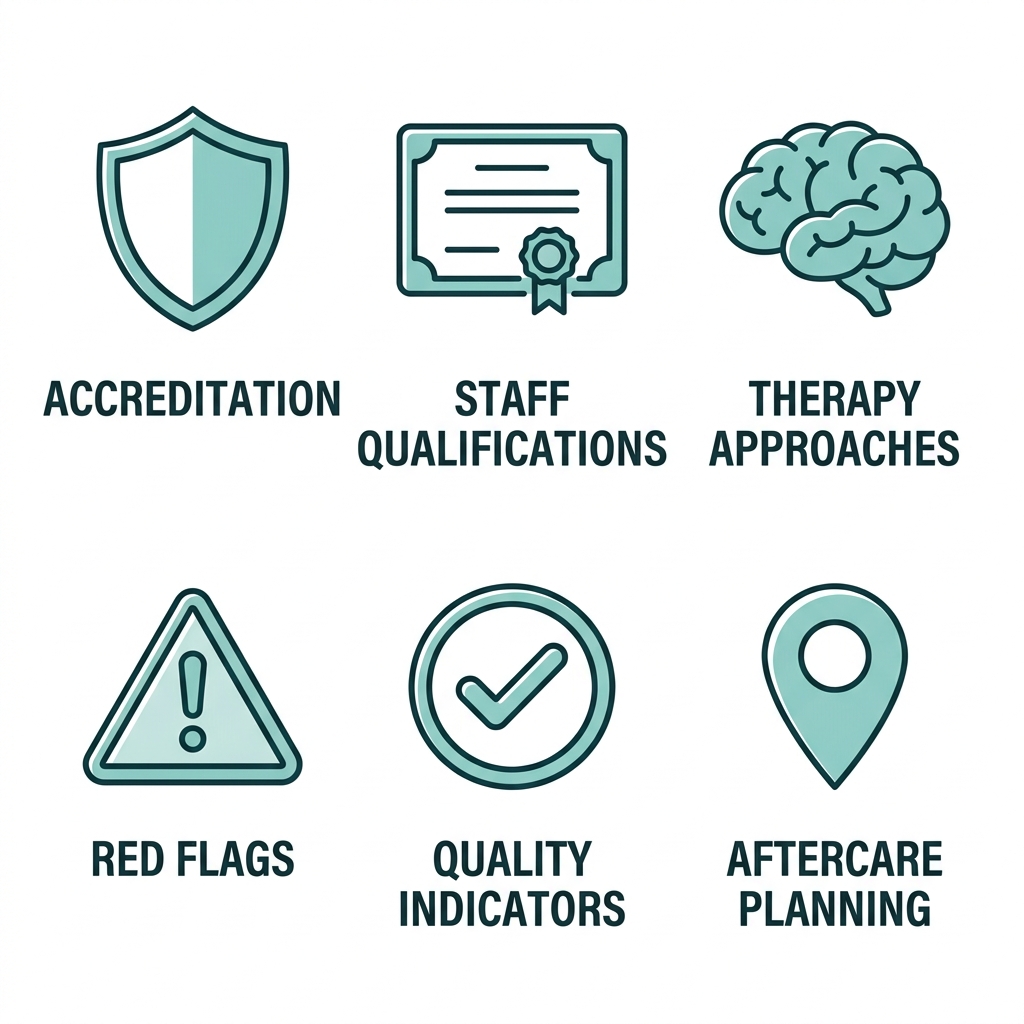 Icon set for choosing a drug rehab in California: accreditation, staff qualifications, therapy approaches, red flags, quality indicators, aftercare planning