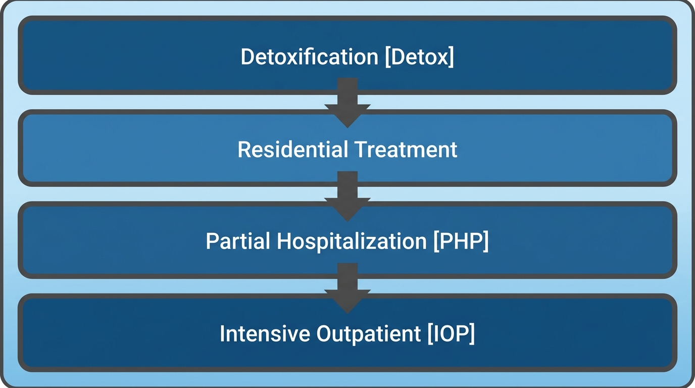 Process flow showing the continuum of drug rehab care levels: Detox, Residential, PHP, and IOP connected by downward arrows.