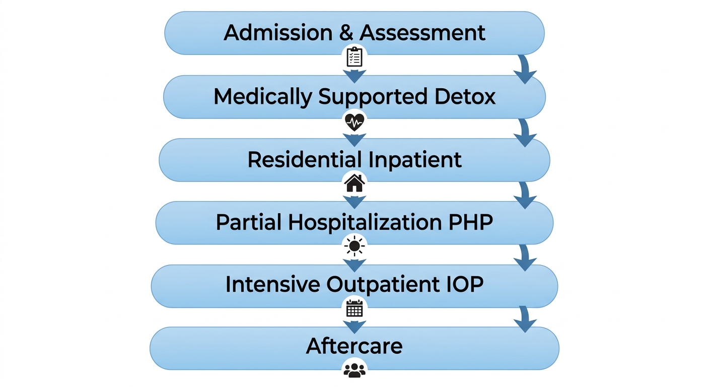 Vertical process flow diagram of addiction treatment journey