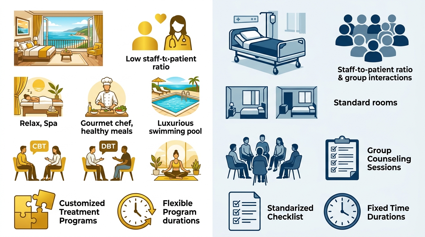 Comparison infographic showing luxury detox features versus standard medical detox