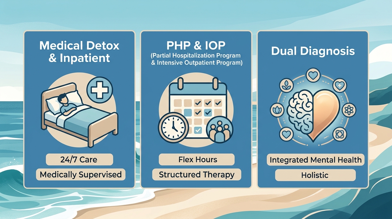 Three-panel infographic comparing addiction treatment levels: Medical Detox and Inpatient with bed icon, Partial Hospitalization and Intensive Outpatient with schedule icon, and Dual Diagnosis with brain-heart icon, using calming blue and beige tones.