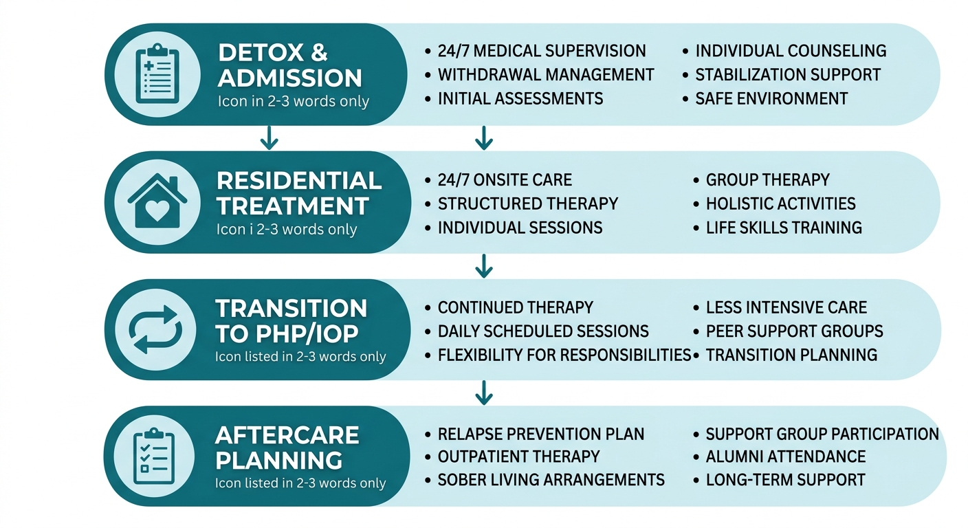 Vertical process flow diagram showing four steps of addiction treatment: detox admission, residential treatment, transition to PHP/IOP, and aftercare planning, connected by downward arrows, with teal and light blue gradients.