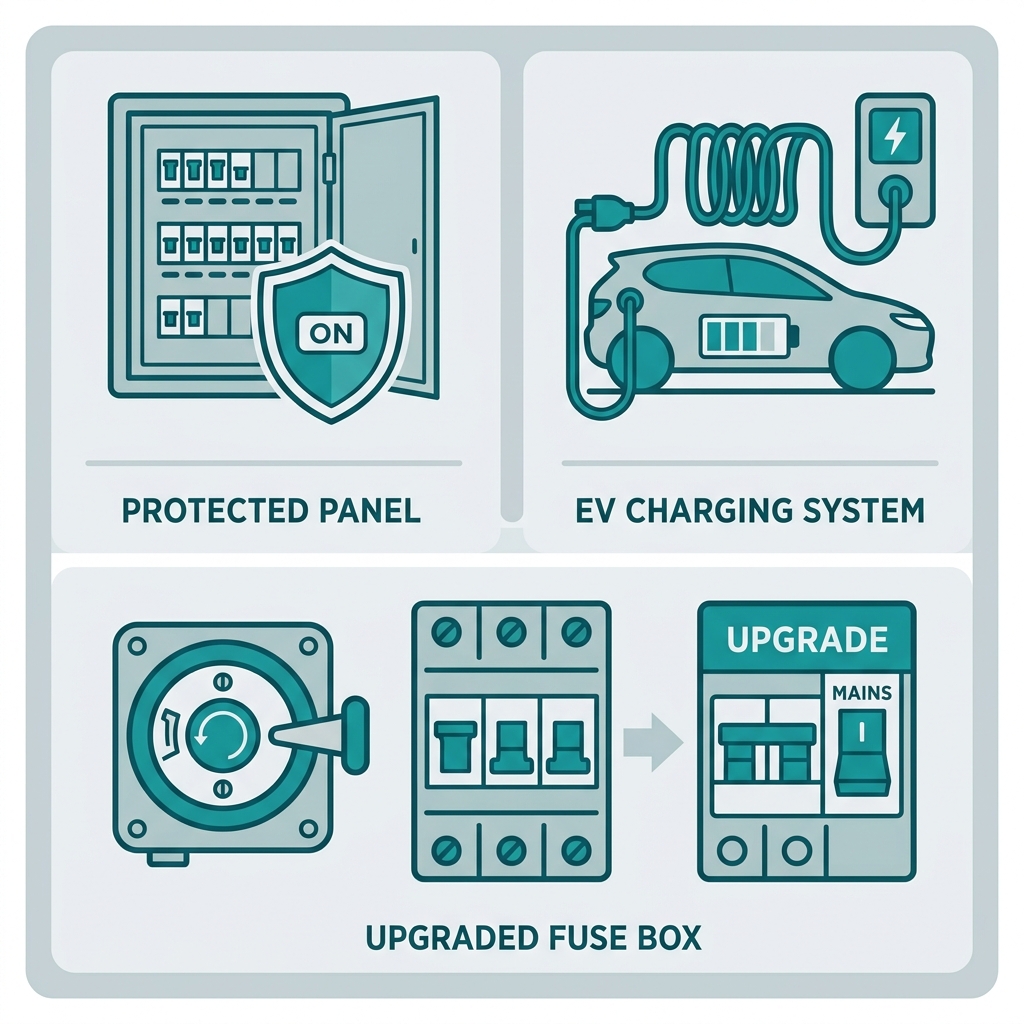 Icon set showing three electrical safety best practices: circuit breaker panel with shield, EV car charging, and fuse box upgrade to modern panel, with teal and gray color scheme.