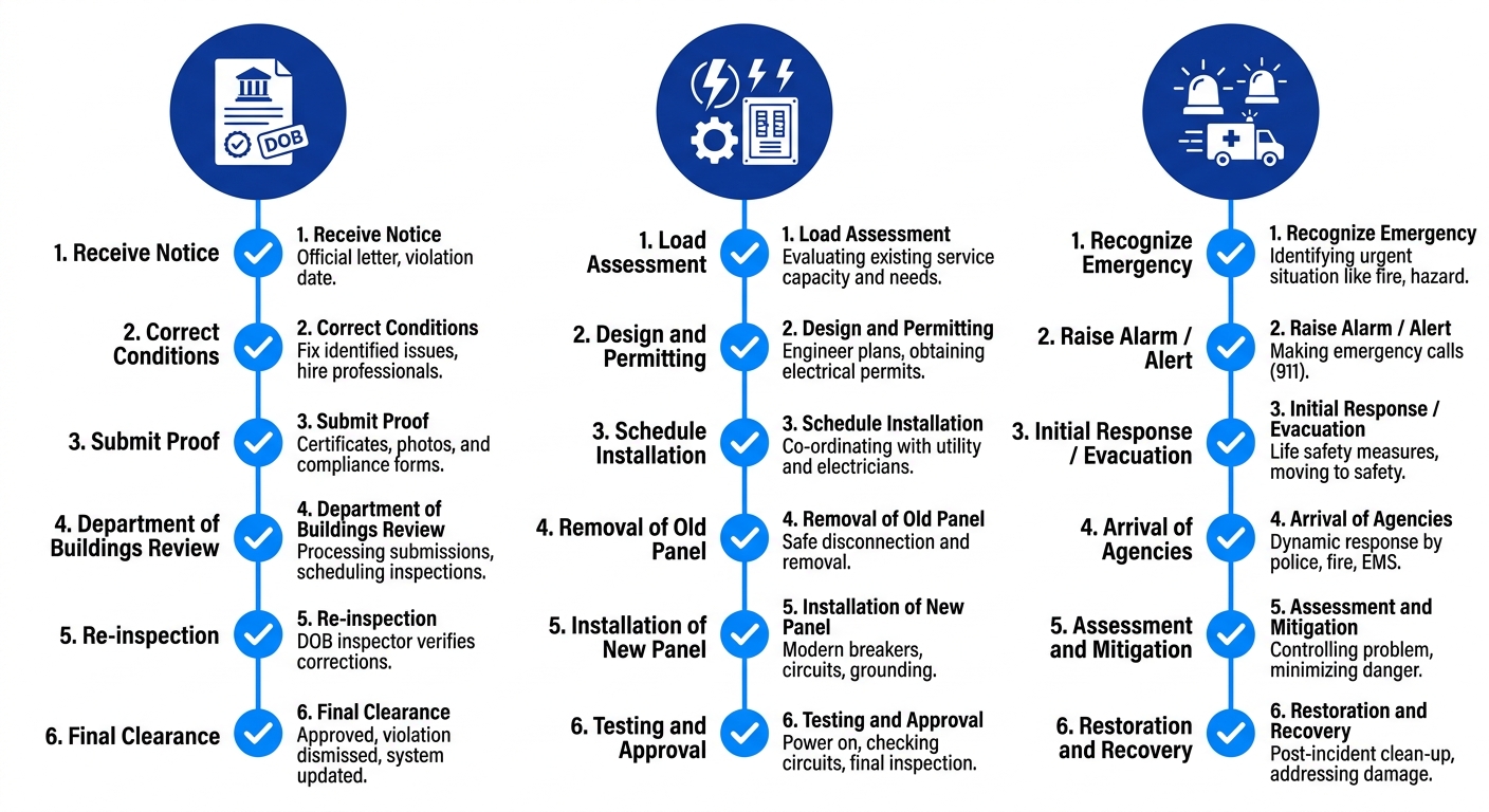 Infographic comparing three key electrical services: DOB violation resolution, panel upgrade, and emergency response with step-by-step processes.
