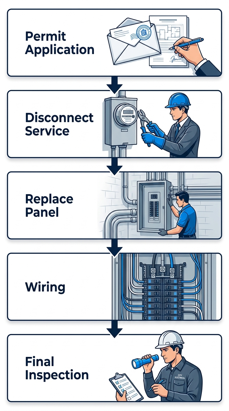 Vertical process flow diagram showing five steps of a 200-amp panel upgrade: Permit Application, Disconnect Service, Replace Panel, Wiring, and Final Inspection.