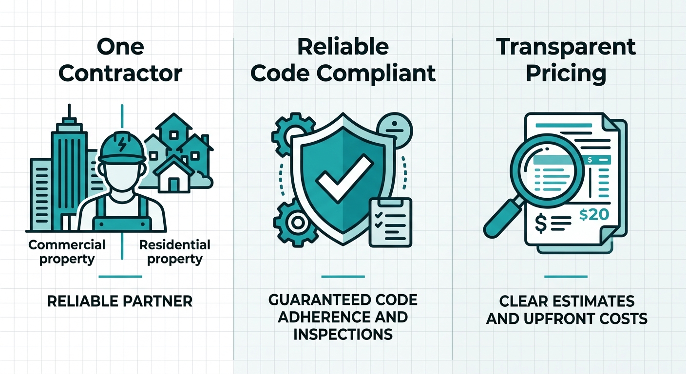 Infographic showing three columns: One Contractor with building icons, Reliable & Code Compliant with shield and checkmark, Transparent Pricing with magnifying glass over document. Teal icons on white background with grid pattern.