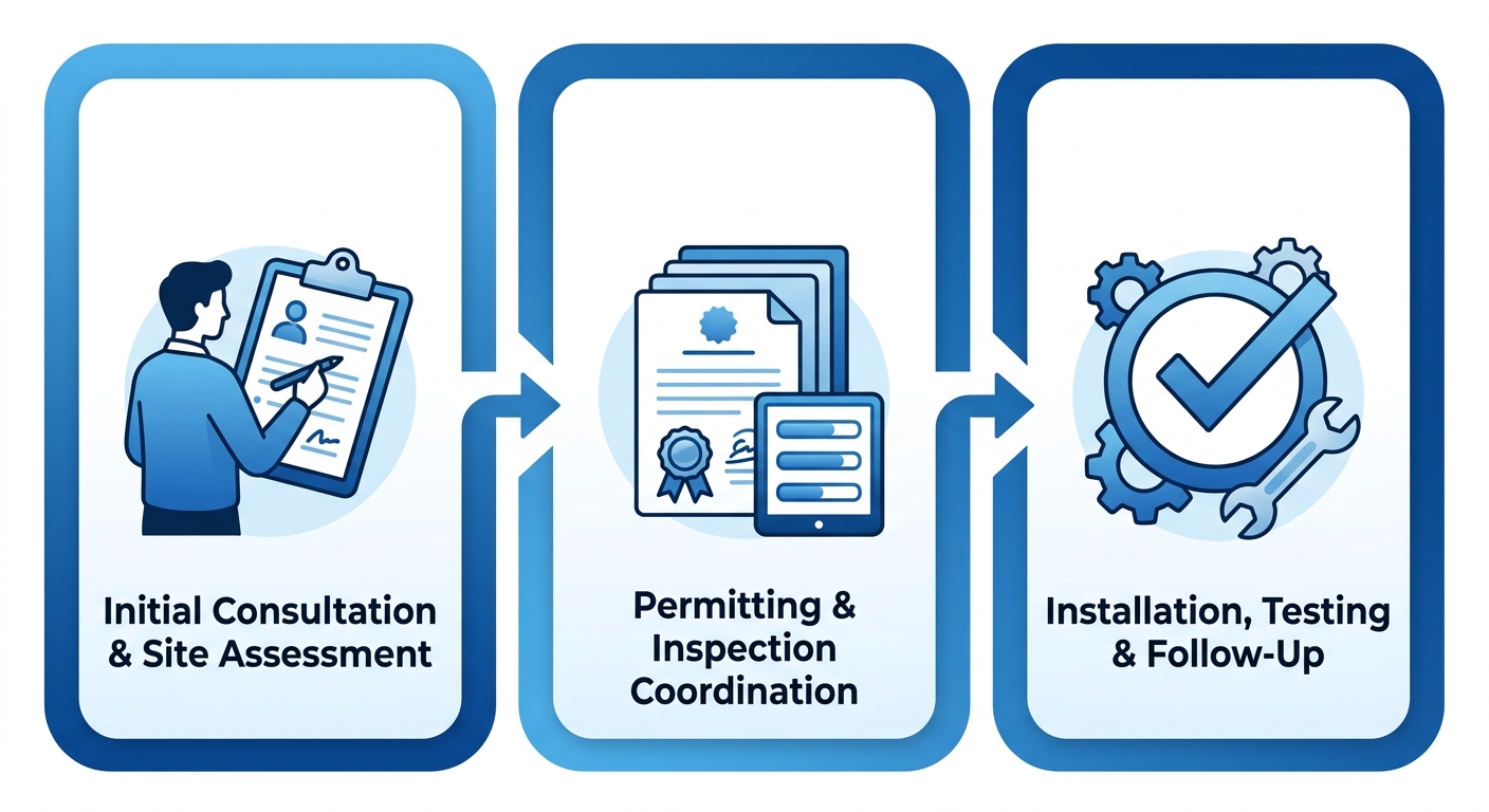 Three-phase horizontal process flow diagram for commercial electrical projects in NYC