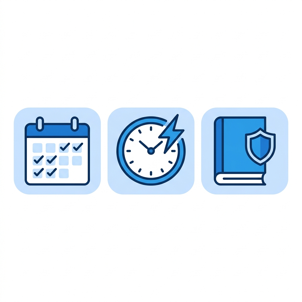 Set of three icons for commercial electrical maintenance: preventive maintenance schedule, emergency electrician, and NYC code updates in flat design