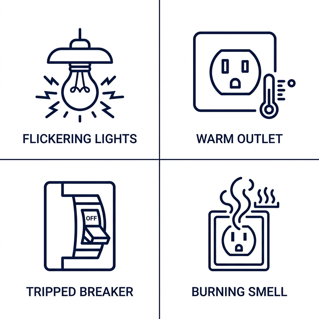 Icon set showing four common electrical warning signs: flickering light, warm outlet, tripping breaker, burning smell, with labels below each icon