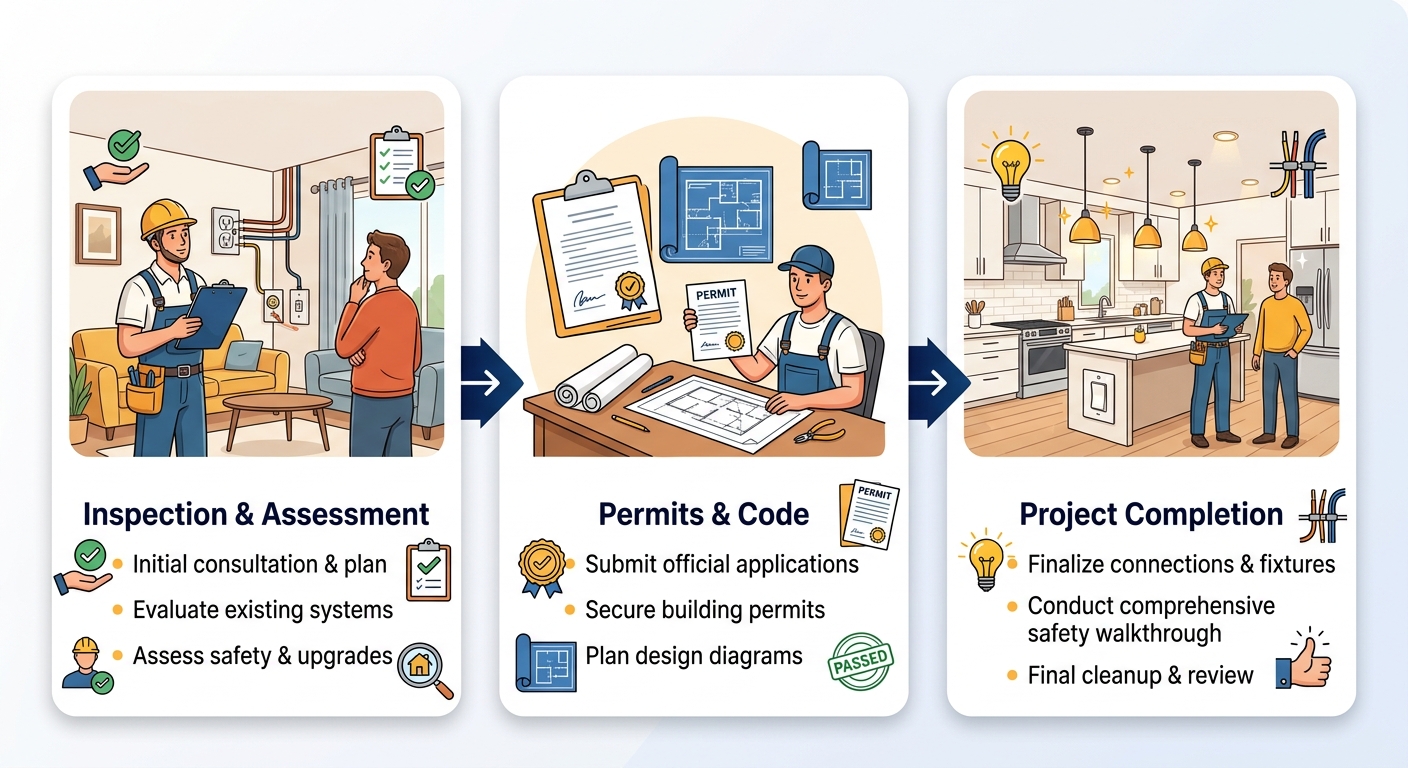 Three stage horizontal process flow showing residential electrical work from inspection and assessment through permits and code compliance to project completion.