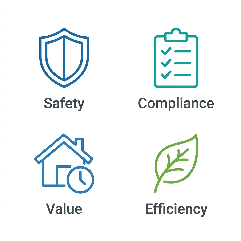 Four outlined icons on a white background representing benefits of hiring a licensed electrician: safety shield, compliance checklist, value house with clock, and energy efficiency leaf, each with a label below.