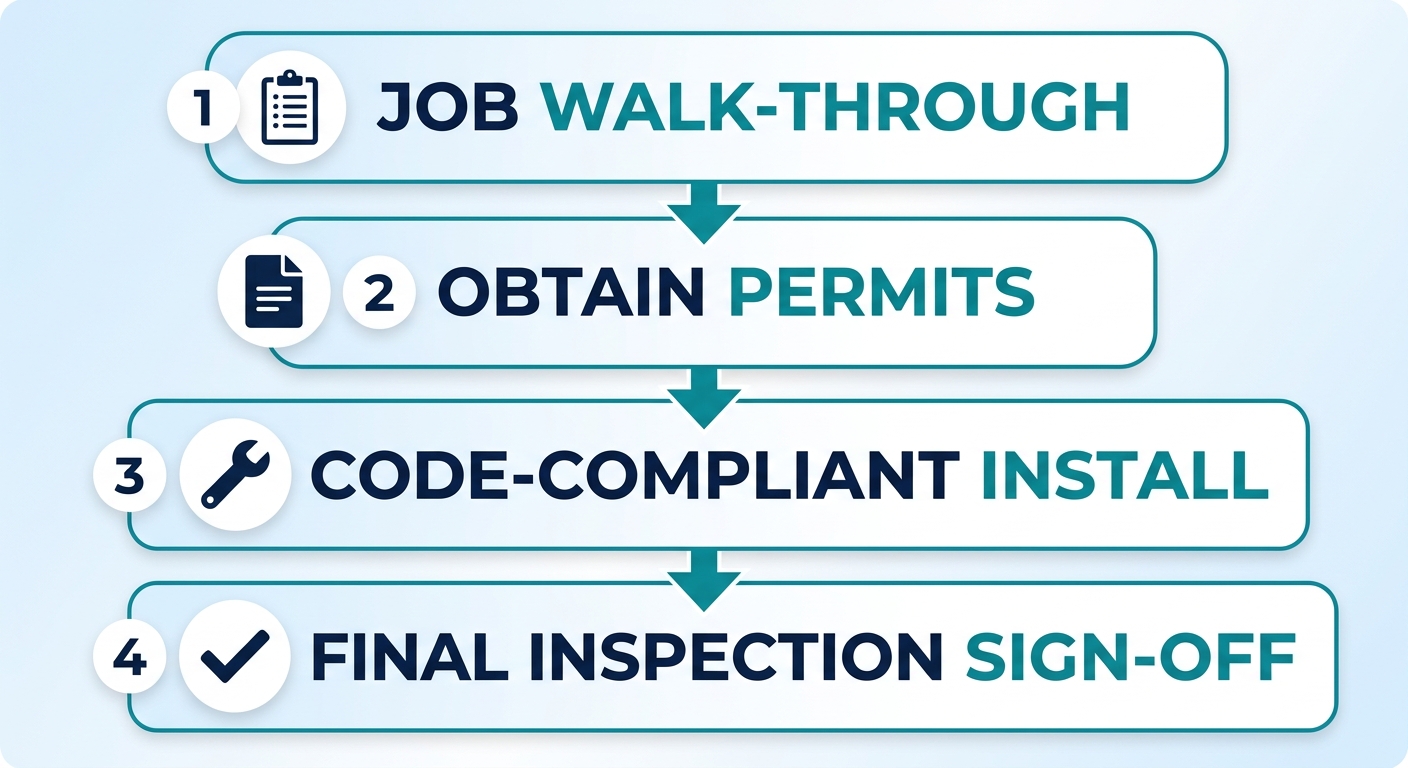 Vertical process flow diagram showing four steps of electrical project handling: Job Walk-Through, Obtain Permits, Code-Compliant Install, and Final Inspection Sign-Off, with icons and arrows connecting them on a light blue background.