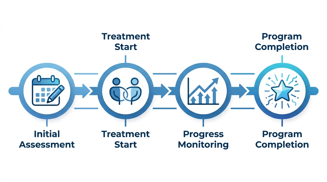 Horizontal timeline showing four stages of outpatient mental health care at Recovery Ways Idaho: Initial Assessment, Treatment Start, Progress Monitoring, and Program Completion, with connecting arrows and calming blue icons.