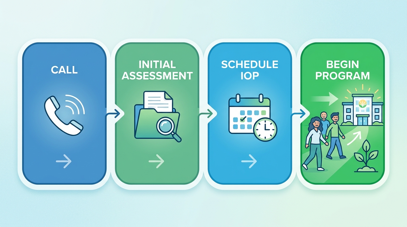 Horizontal process flow diagram showing four steps of Recovery Ways Idaho Intensive Outpatient Program intake: call, initial assessment, schedule IOP, and begin program, with blue and green calming colors.