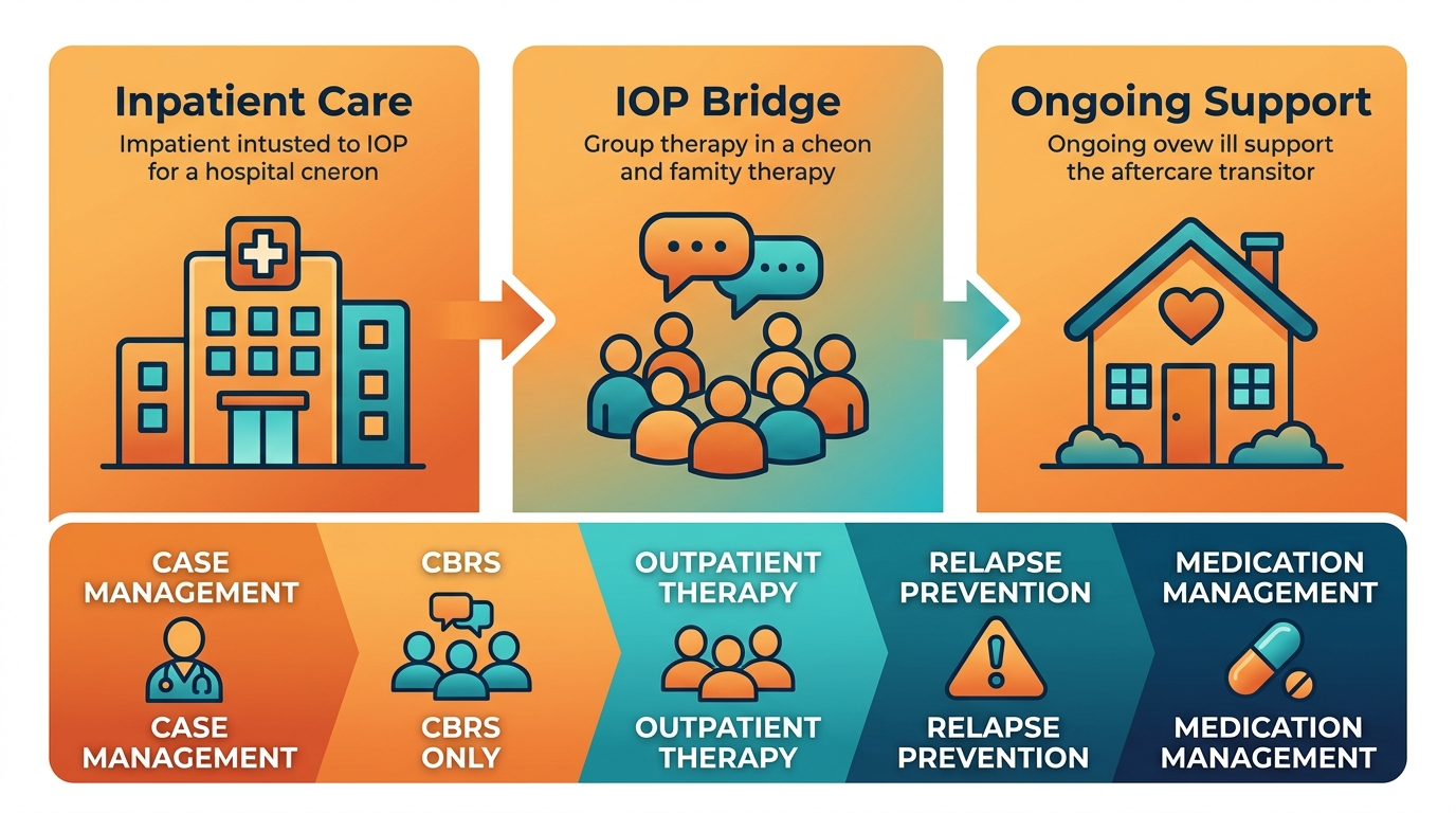 Infographic illustrating transition from inpatient care to IOP aftercare with three columns listing Inpatient Care, IOP Bridge, and Ongoing Support, plus a bottom panel of support services, using orange and teal colors.