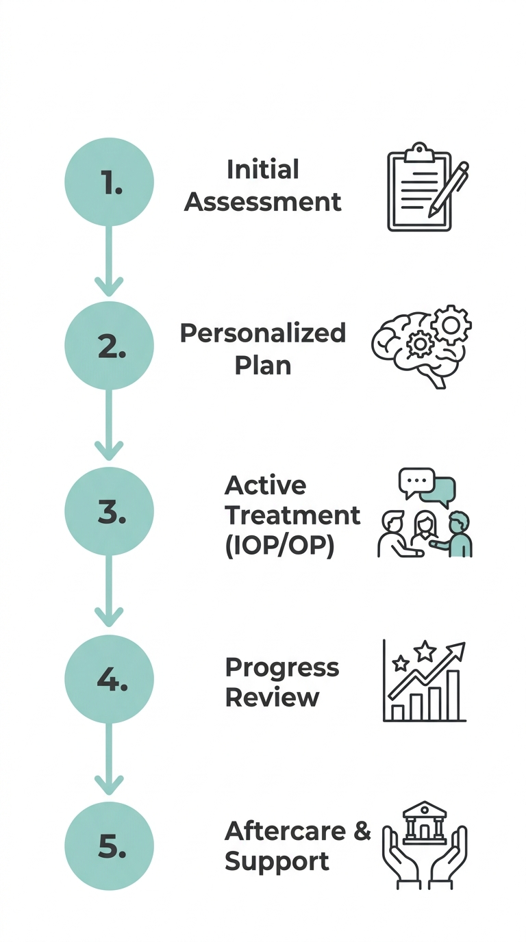 Vertical timeline infographic showing five steps of outpatient mental health treatment at Recovery Ways Idaho: initial assessment, personalized treatment plan, active treatment, progress review, and aftercare, with soft teal nodes and arrows on white background.