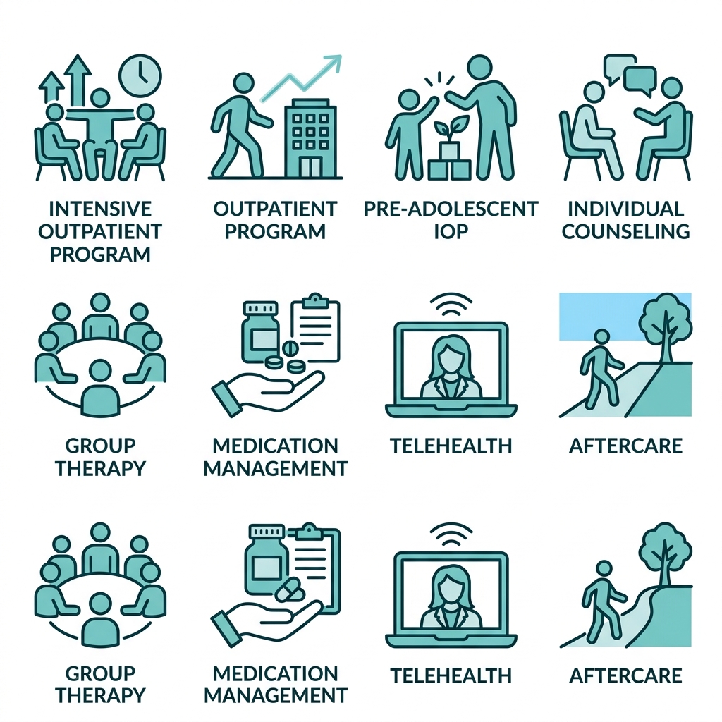 Eight teal outline icons in a two-by-four grid representing Recovery Ways Idaho's outpatient services: IOP, OP, Pre-Adolescent IOP, individual counseling, group therapy, medication management, telehealth, and aftercare.