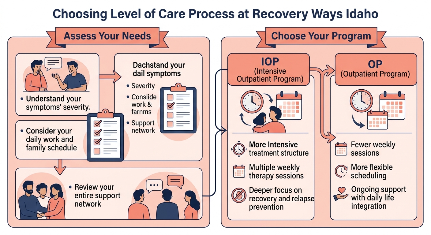 Two-stage process diagram for choosing mental health care level at Recovery Ways Idaho