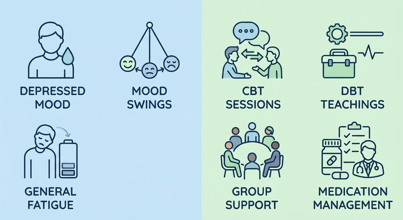 Infographic showing common symptoms and treatment options for mood disorders