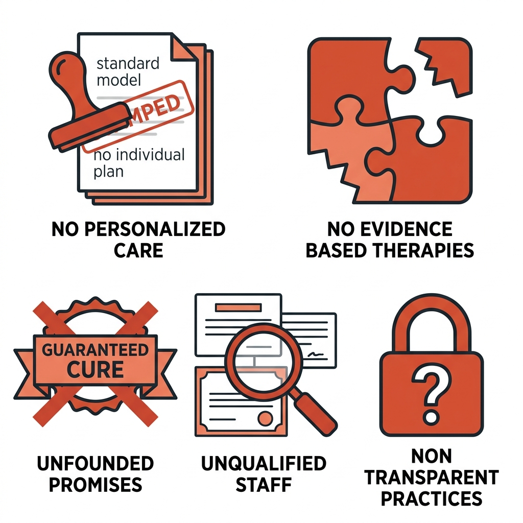 Five warning icons representing red flags when choosing a treatment program: one-size-fits-all, no evidence-based therapies, unfounded promises, unqualified staff, and non-transparent practices.